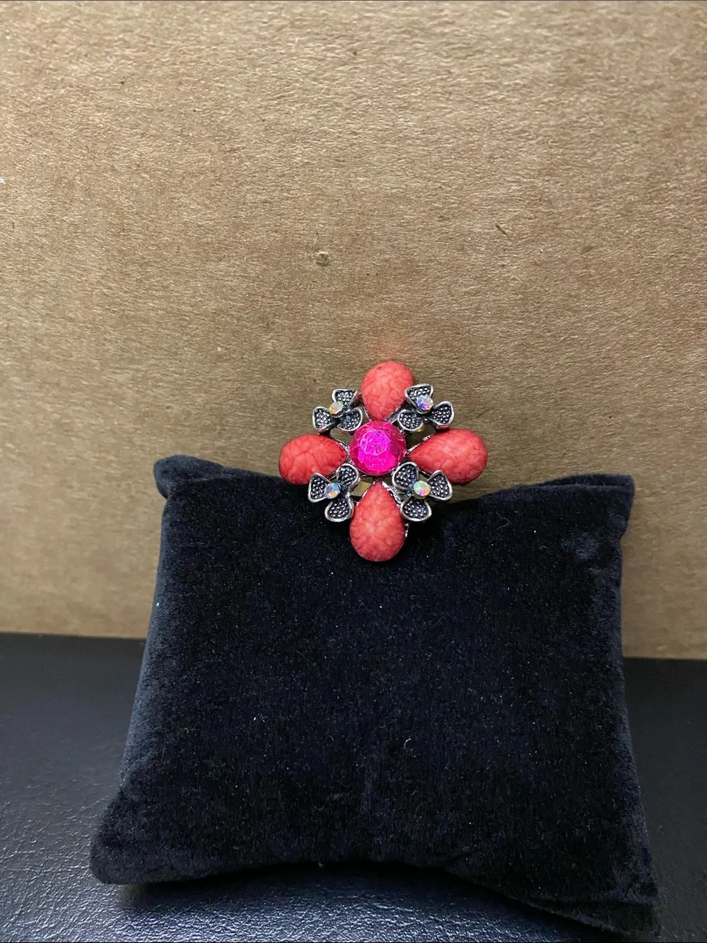 Red Floral Statement Adjustable Ring with Pink Center